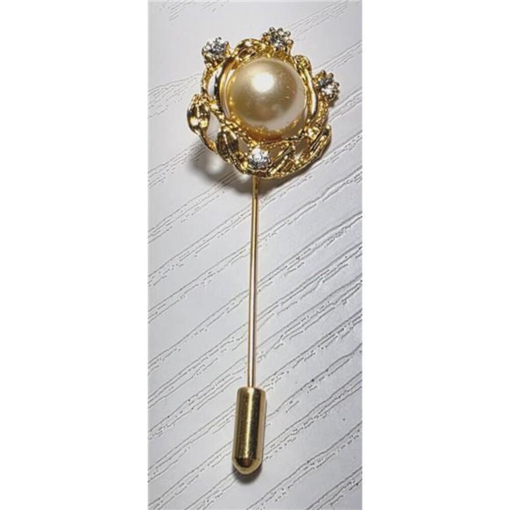 Vintage 10K Gold-Plated Filigree Lapel Pin w/ Rhinestones & Imitation Pearl 2.5"